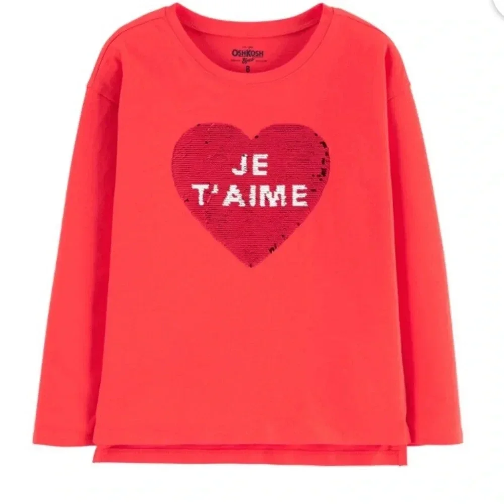 OshKosh B'gosh Girls XL 14 Flip Sequin Je T'aime Te Amo Heart Tee